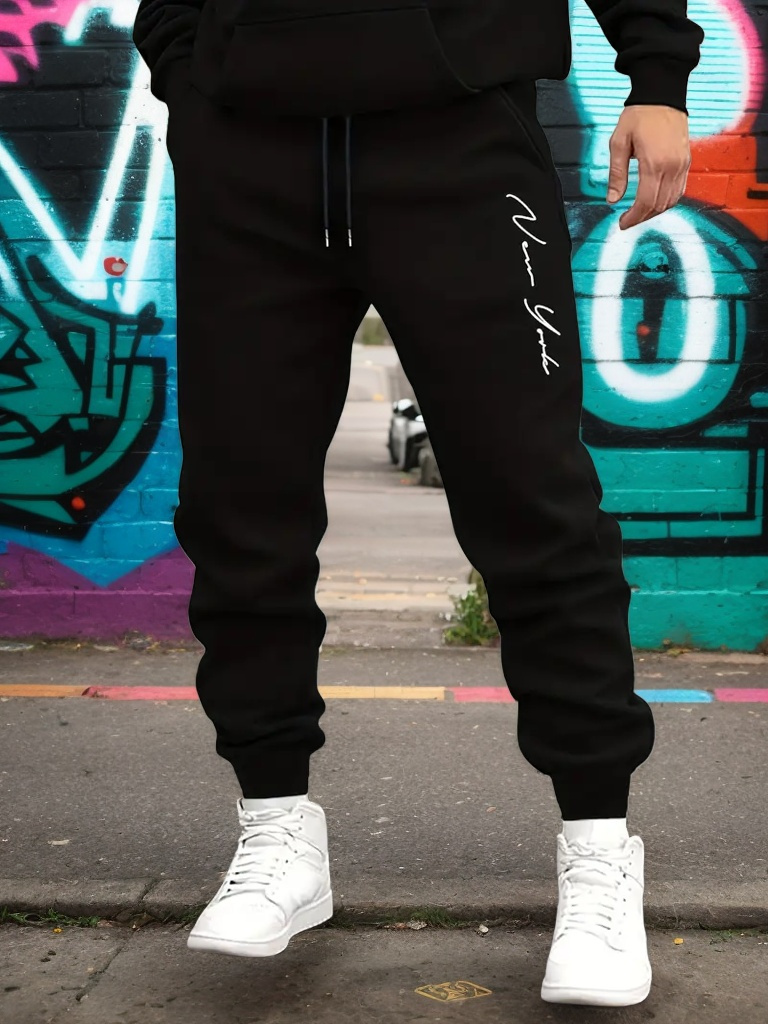 1pc Men S Casual Cotton Sweatpants with Print, Waist Drawstring, 50% Cotton Knit Fabric, Polyester , Regular Fit for Outdoors - Autumn/ details 0