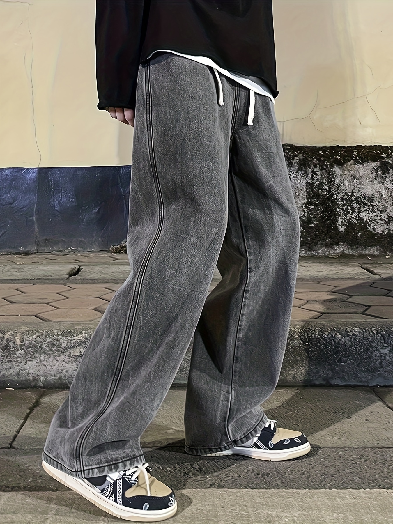 mens fashion solid loose fit straight leg jeans style denim pants for casual details 0