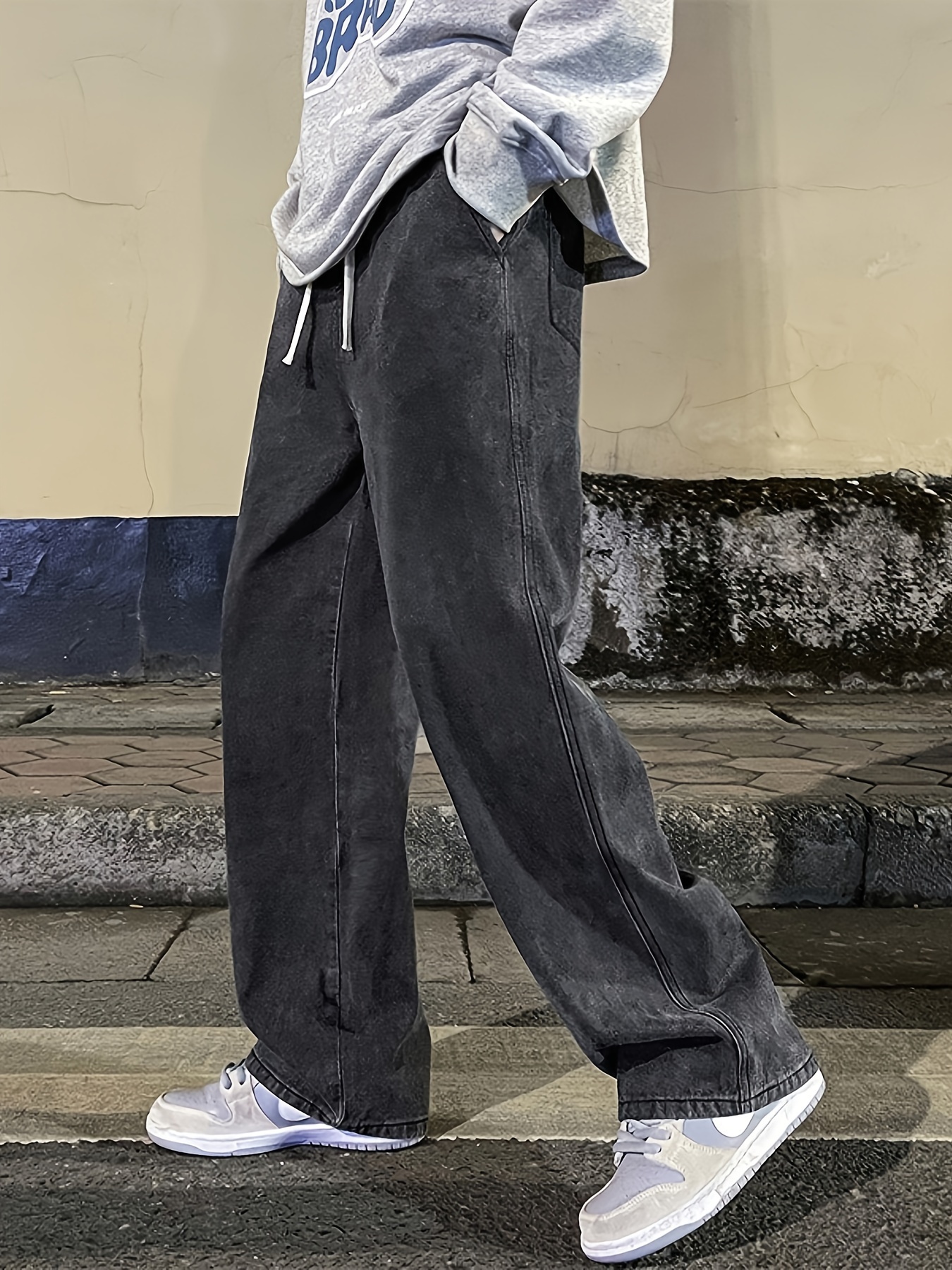 mens fashion solid loose fit straight leg jeans style denim pants for casual details 7