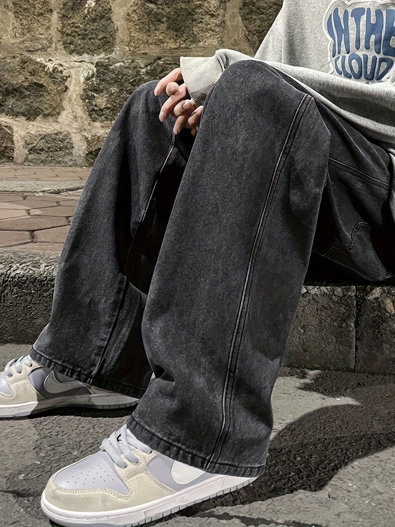 mens fashion solid loose fit straight leg jeans style denim pants for casual details 9