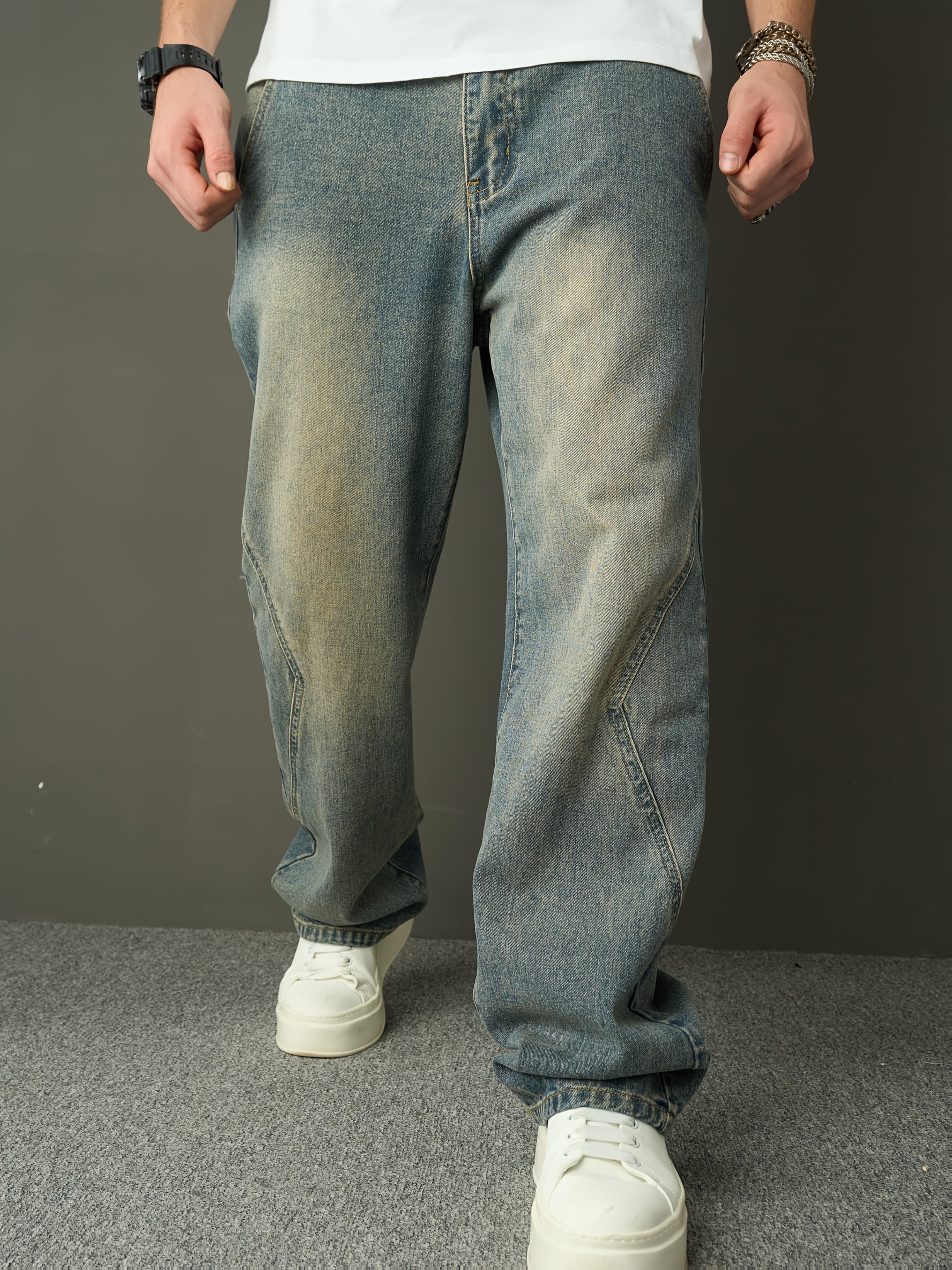 Men S Denim Washed Retro Casual Straight Leg Pants Fashionable And Loose Wide Leg Pants details 2