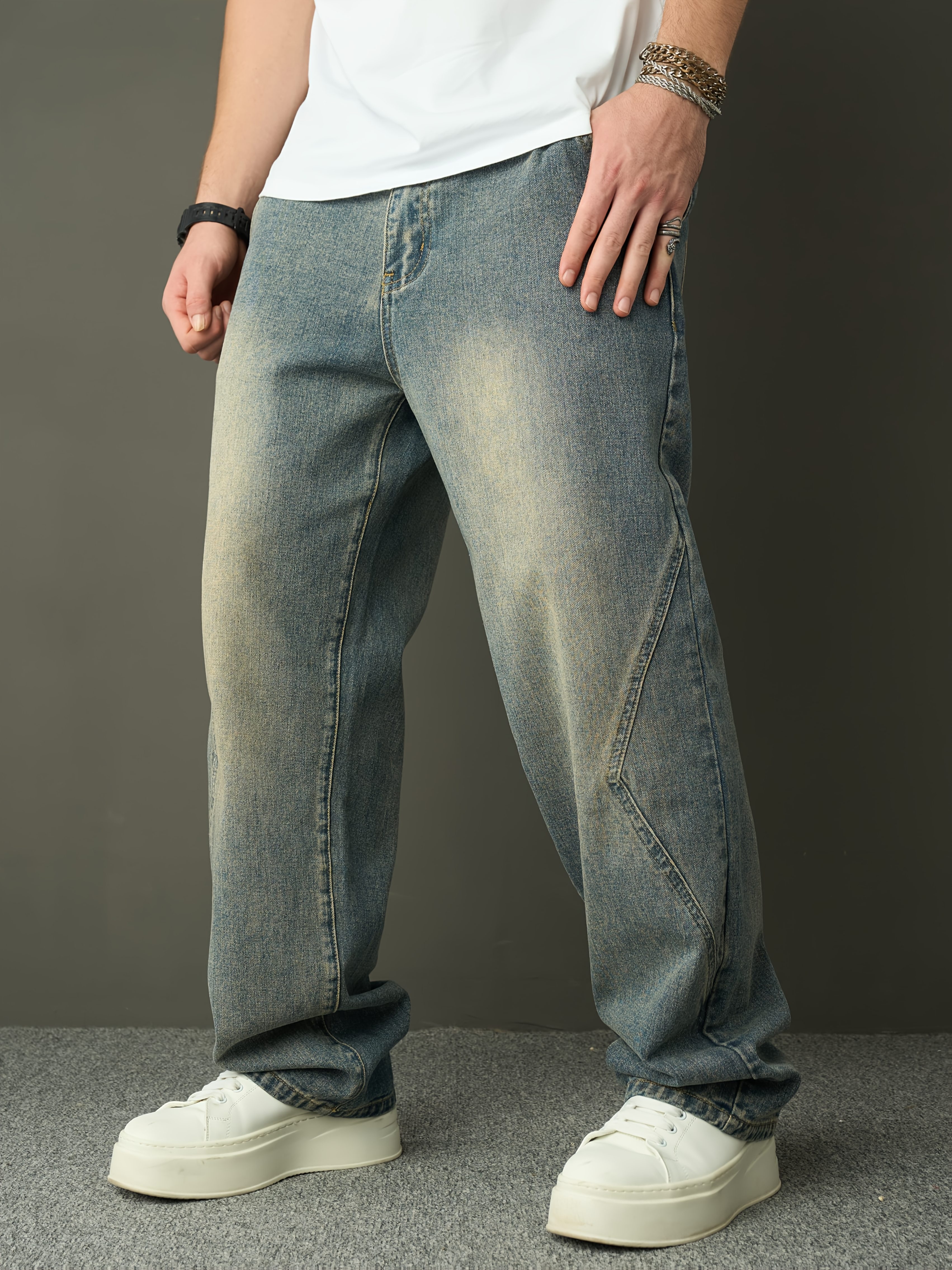 Men S Denim Washed Retro Casual Straight Leg Pants Fashionable And Loose Wide Leg Pants details 3