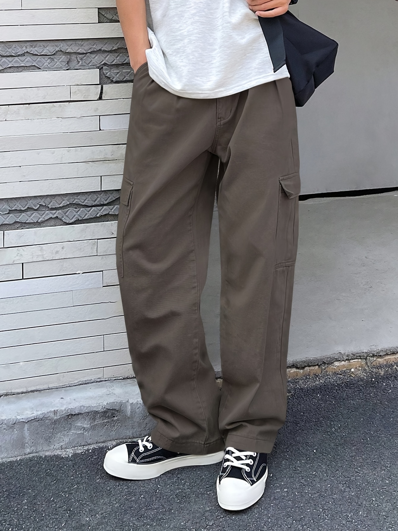 1pc Men S Casual Denim Cargo Pants, Solid Color, Non-Stretch, Regular Length, Suitable for , with Pockets, Woven Fabric, Slim Fit details 1