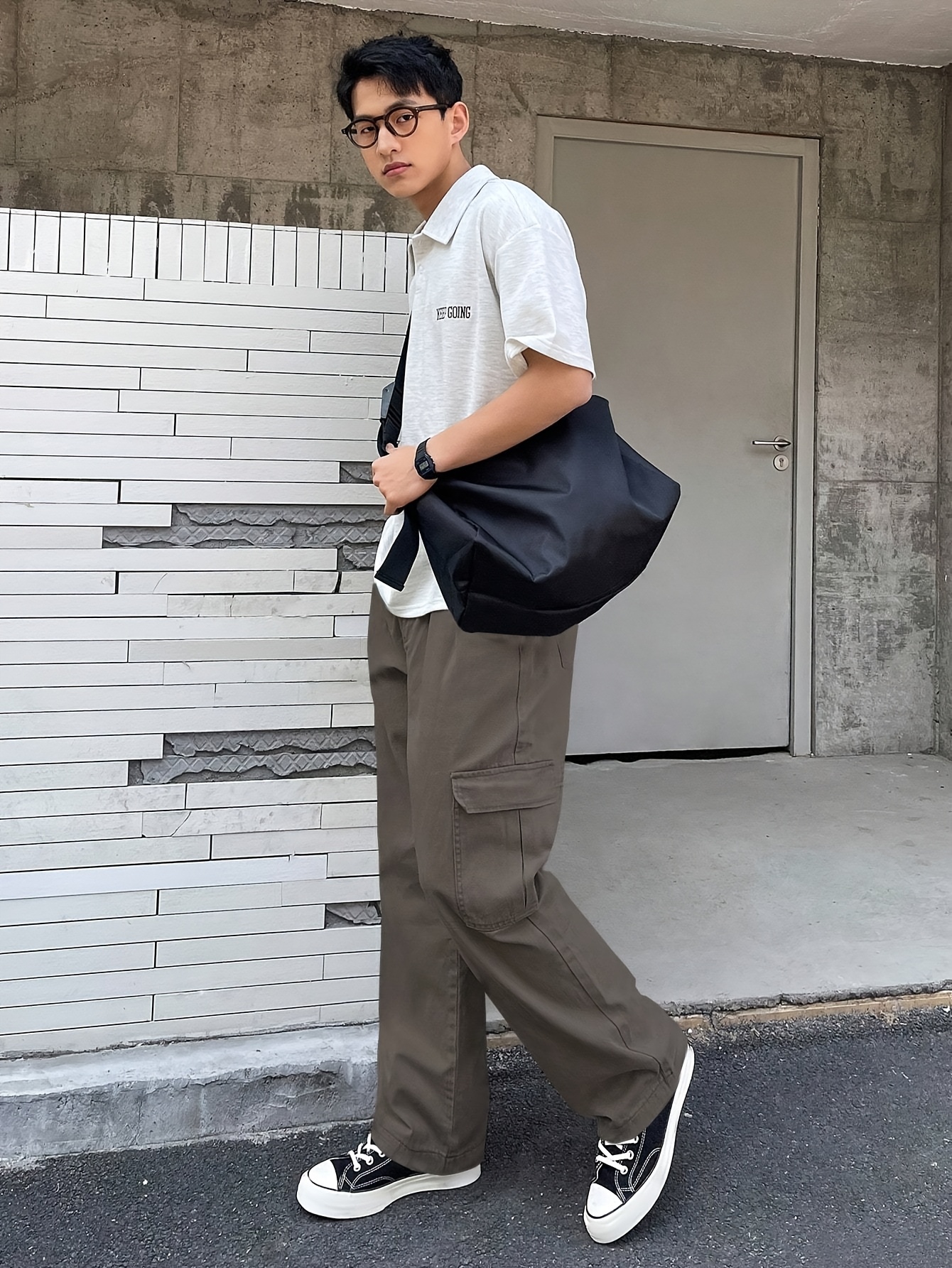 1pc Men S Casual Denim Cargo Pants, Solid Color, Non-Stretch, Regular Length, Suitable for , with Pockets, Woven Fabric, Slim Fit details 2