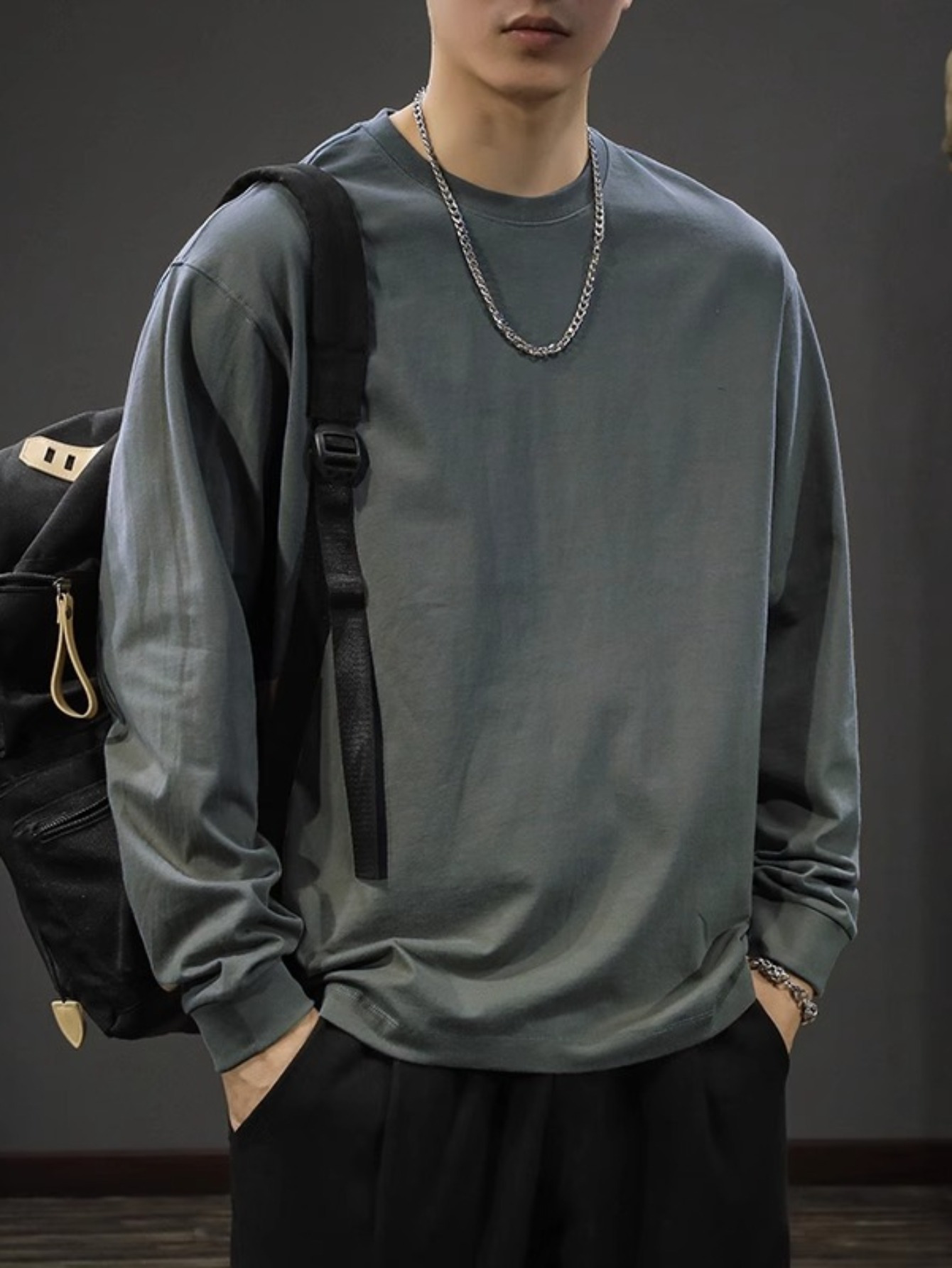 mens casual cotton long sleeve t shirt crew neck loose fit collection details 0