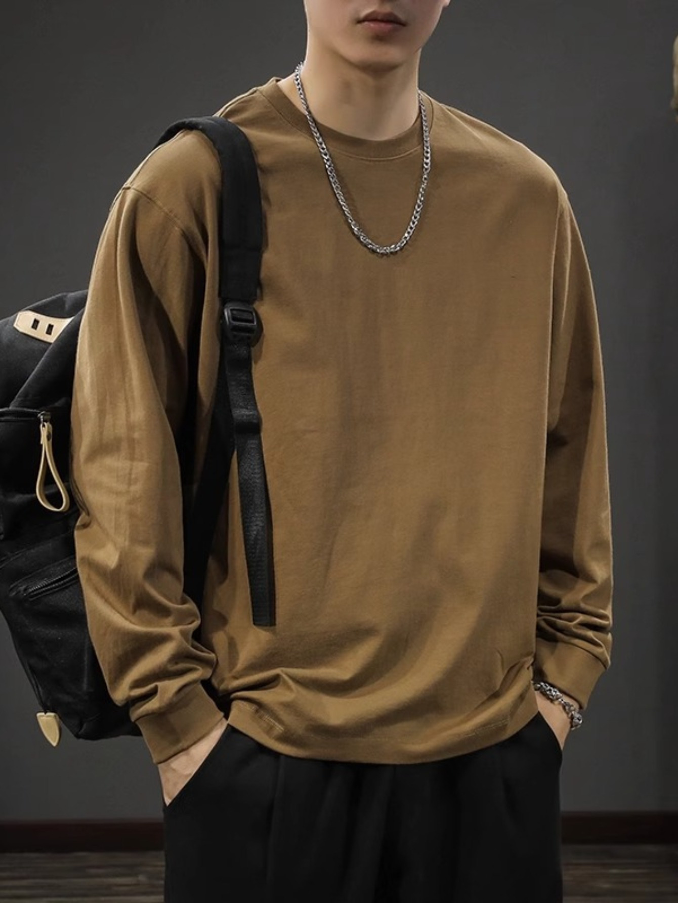 mens casual cotton long sleeve t shirt crew neck loose fit collection details 2