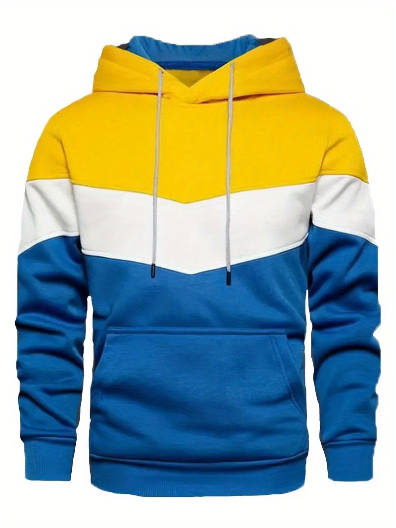 kangaroo pocket drawstring hoodie mens casual color block slightly stretch hooded sweatshirt for details 3
