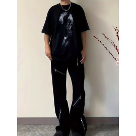 Men'S High-Waisted Wide Leg Pants, Cotton Blend, Regular Fit, with Zipper Details, for All-Season Wear, Basics Style Flare Jeans