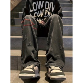 Men's Vintage Denim Jeans, Casual Streetwear Straight Leg Loose Pants For Outdoor Spring Fall