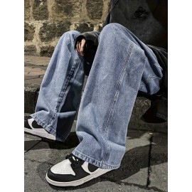 Men's Fashion Solid Loose Fit Straight Leg Jeans, Casual Street Style Denim Pants For Casual Daily Wear