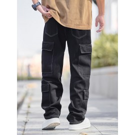 Men'S Street Style Cotton Blend Jeans, Loose Fit Straight Leg Denim Pants, Non-Stretch Solid Color, with Multiple Pockets, for All-Season Trousers