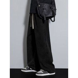 Men's Street Style Wide Leg Denim Jeans, Casual Drawstring Pants, Hip-Hop Loose Fit Jeans