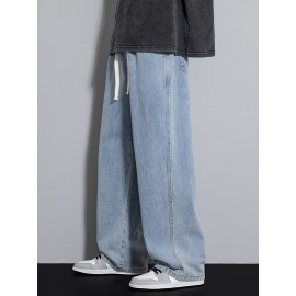 Men's Street Style Wide Leg Denim Jeans, Casual Drawstring Pants, Hip-Hop Loose Fit Jeans
