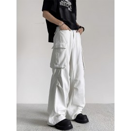 Men's Trendy White Cargo Jeans - Straight Leg, Multi-Pocket Design, Cotton Blend, Machine Washable