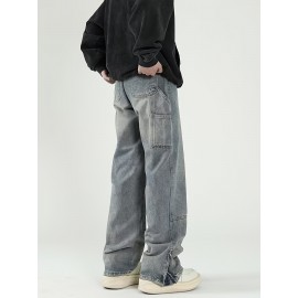 Men's Solid Denim Barrel Pants With Pockets, Vintage Style Cotton Blend Split Jeans For Spring Fall Outdoor Activities