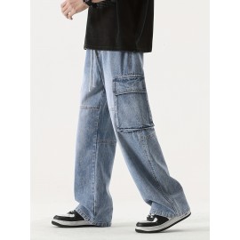 Men's Loose Gradient Color Denim Trousers With Pockets, Causal Drawstring Cotton Blend Jeans For Outdoor Activities