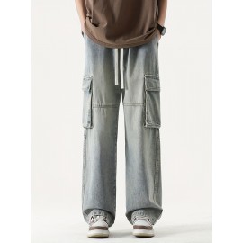 Men's Loose Gradient Color Denim Trousers With Pockets, Causal Drawstring Cotton Blend Jeans For Outdoor Activities