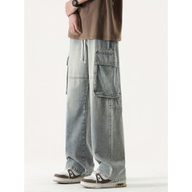 Men's Loose Gradient Color Denim Trousers With Pockets, Causal Drawstring Cotton Blend Jeans For Outdoor Activities