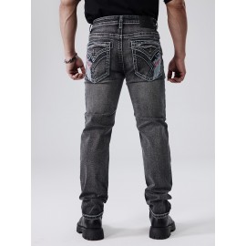 ESDVQ Men's Vintage-Inspired Embroidered Stretch Jeans - Slim Fit, Cotton Blend Denim with Pockets