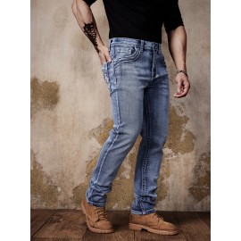 ESDVQ Men's Vintage-Inspired Embroidered Stretch Jeans - Slim Fit, Cotton Blend Denim with Pockets