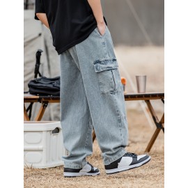 Men's Casual Loose-Fit Jeans with Unique 3D Pocket Design - Cotton Blend, Non-Stretch Denim for Spring/Fall