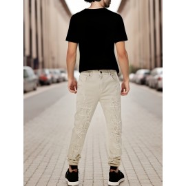 Men's Slim-Fit Stretch Cotton Jeans - Classic White, All-Season Casual Denim with Ripped Detail