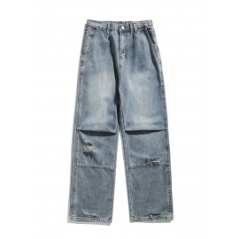 Men'S Casual Denim Jeans with Ripped Details, Mid Waist Regular Fit Non-Stretch Solid Color Jeans with Pockets, Zipper Fly All-Season Cotton Blend Denim for Outdoor Weekend Activities