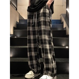 Men's Casual Plaid Long Pants With Drawstring - Basic Straight-Leg Trousers For Casual Wear