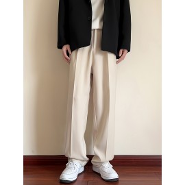 Men's Casual Fashion Pants, Versatile Solid Color, Polyester Fabric, Cropped Length