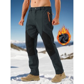 1pc ZUTY Men'S Fleece-Lined Waterproof Ski Pants, Softshell Color Block Sports Style with Zipper, Slight Stretch Polyester, Regular Fit for Snowboarding, Hiking - Woven Outdoor Trousers