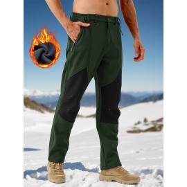 1pc ZUTY Men'S Fleece-Lined Waterproof Ski Pants, Softshell Color Block Sports Style with Zipper, Slight Stretch Polyester, Regular Fit for Snowboarding, Hiking - Woven Outdoor Trousers