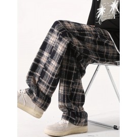 Men's Loose Fit Plaid Trousers, Breathable Comfort, Drawstring & Pockets