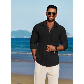 Men'S Polyester Chambray Casual Dress Shirt, Sexy Lapel Collar, Long Sleeve, Solid Color, Slight Stretch Fabric, with Front Slit Hem, Single Breasted Placket, for All-Season Party Wear