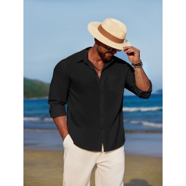 Men'S Polyester Chambray Casual Dress Shirt, Sexy Lapel Collar, Long Sleeve, Solid Color, Slight Stretch Fabric, with Front Slit Hem, Single Breasted Placket, for All-Season Party Wear