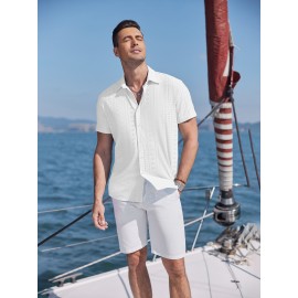 Men's Casual Button-Down Beach Shirt - Short Sleeve, Stretch Fabric, Summer Tropical Top with Turquoise Collar