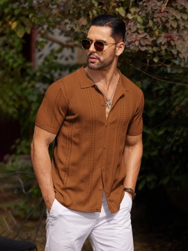 Men'S Summer Casual Knit Button-Down Lapel Shirts - Regular Fit, Slight Stretch Fabric, Solid Color Short Sleeve Casual Shirt with Button Detail