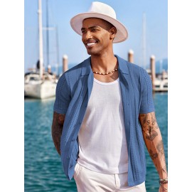 Men'S Summer Casual Knit Button-Down Lapel Shirts - Regular Fit, Slight Stretch Fabric, Solid Color Short Sleeve Casual Shirt with Button Detail