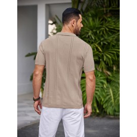 Men'S Summer Casual Knit Button-Down Lapel Shirts - Regular Fit, Slight Stretch Fabric, Solid Color Short Sleeve Casual Shirt with Button Detail