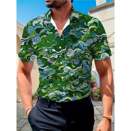Men's Novelty Geometric Print Button-Up Shirt - Casual, Breathable Polyester, Machine Washable