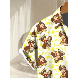 Trendy Collared, Men's Novelty Geometric Print Button-Up Shirt - Casual, Breathable Polyester, Machine Washable