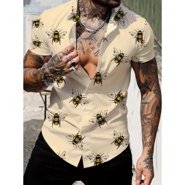 Bees Pattern Allover Print Men's Short Sleeve Lapel Shirt Top, Male Casual Button Up Shirt For Daily And Vacation Resorts Beach
