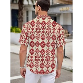 Men'S Summer Casual Print Button-Down Shirt, Polyester Fabric, Non-Stretch, Regular Fit, with Loose Hem, for Woven Lapel Collar Top