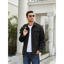 1pc Men'S Casual Polyester Shirting Jacket - Solid Color Long Sleeve Button Down Shacket with Pockets, Non-Stretch Knit Fabric, Regular Fit for Spring/Fall