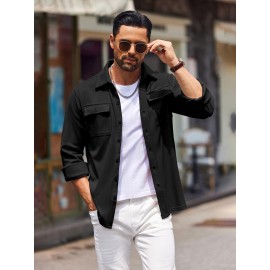 1pc Men'S Casual Polyester Shirting Jacket - Solid Color Long Sleeve Button Down Shacket with Pockets, Non-Stretch Knit Fabric, Regular Fit for Spring/Fall