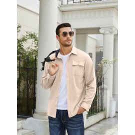 1pc Men'S Casual Polyester Shirting Jacket - Solid Color Long Sleeve Button Down Shacket with Pockets, Non-Stretch Knit Fabric, Regular Fit for Spring/Fall