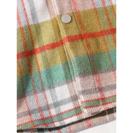 Color Block Plaid Men's Retro Long Sleeve Button Down Shirt With Chest Pockets, Spring Fall Casual Outdoor Loose Shirt