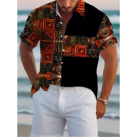 Men's Novelty 3D Geometric Print Button-Up Shirt - Casual, Breathable Polyester, Machine Washable