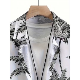 Tropical Coconut Tree Pattern Print Men's Short Sleeve Button Up Lapel Shirt For Summer Resort Holiday, Hawaiian Style