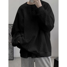 Trendy Cable Sweatshirt, Men's Casual Solid Crew Neck Sweatshirt For Men Fall Winter