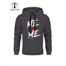 ME VS ME Print, Men's Casual and Cozy Hoodies, Trendy Long Sleeve Hooded Sweatshirt, Casual Versatile Top for Autumn Winter